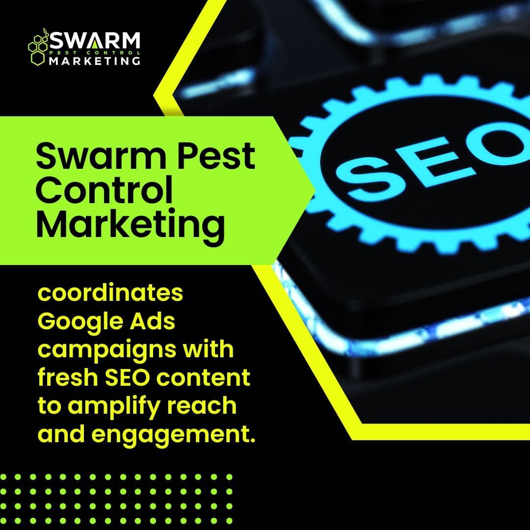A keyboard with an illuminated "SEO" gear icon on one of the keys, paired with text explaining how Swarm Pest Control Marketing coordinates Google Ads campaigns with fresh SEO content.
