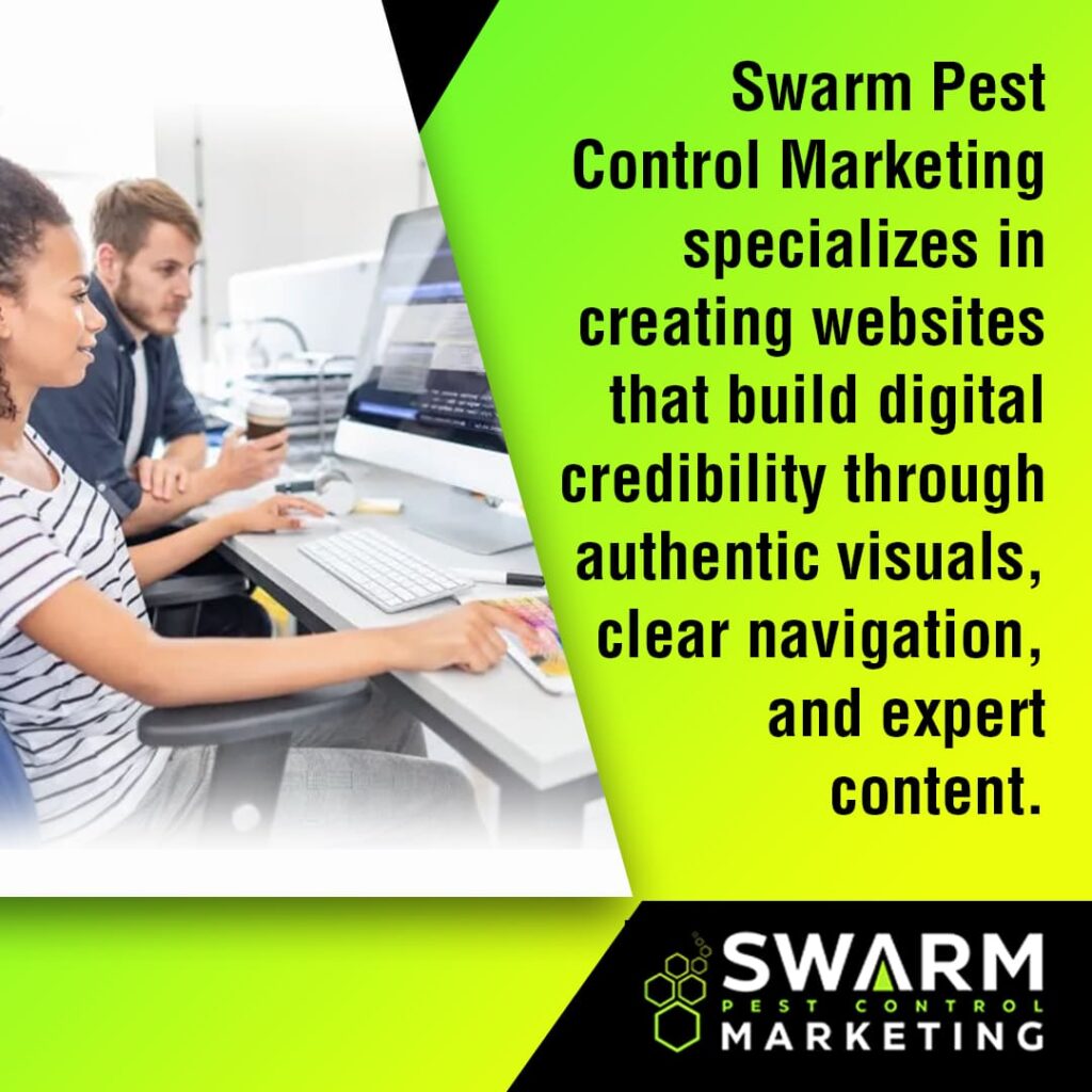 Two people, a man and a woman, looking at a desktop computer monitor, appearing to collaborate on a project, with text about Swarm Pest Control Marketing specializing in creating websites with authentic visuals, clear navigation, and expert content.