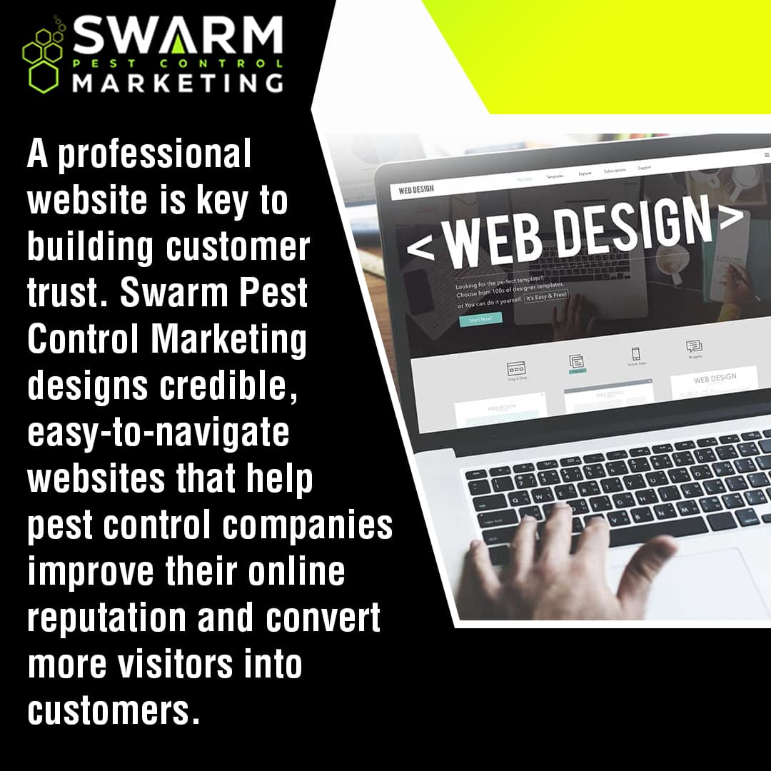 A close-up shot of a person's hands typing on a laptop keyboard, with the screen displaying "WEB DESIGN" and a line of code, highlighting the importance of professional websites for customer trust.