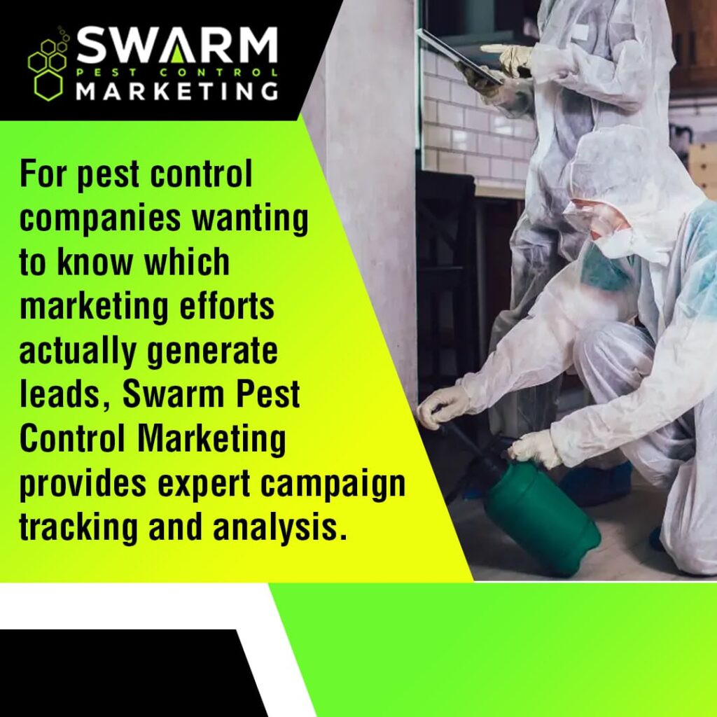 Two pest control technicians in white suits, one kneeling and spraying a green pest control canister, with text describing how Swarm Pest Control Marketing tracks and analyzes marketing campaigns to generate leads.