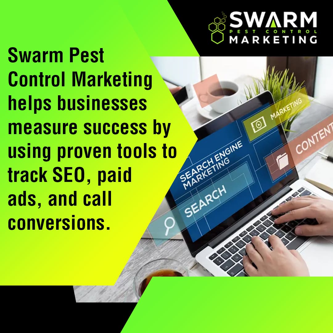 A person working on a laptop with various digital marketing terms like "Search Engine Marketing," "SEO," "Paid Ads," and "Marketing" displayed on the screen, with text describing how Swarm Pest Control Marketing measures success using proven tracking tools.