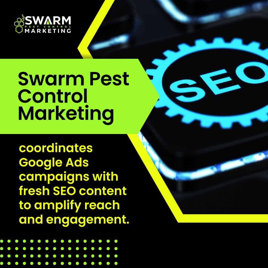 A keyboard with an illuminated "SEO" gear icon on one of the keys, paired with text explaining how Swarm Pest Control Marketing coordinates Google Ads campaigns with fresh SEO content.