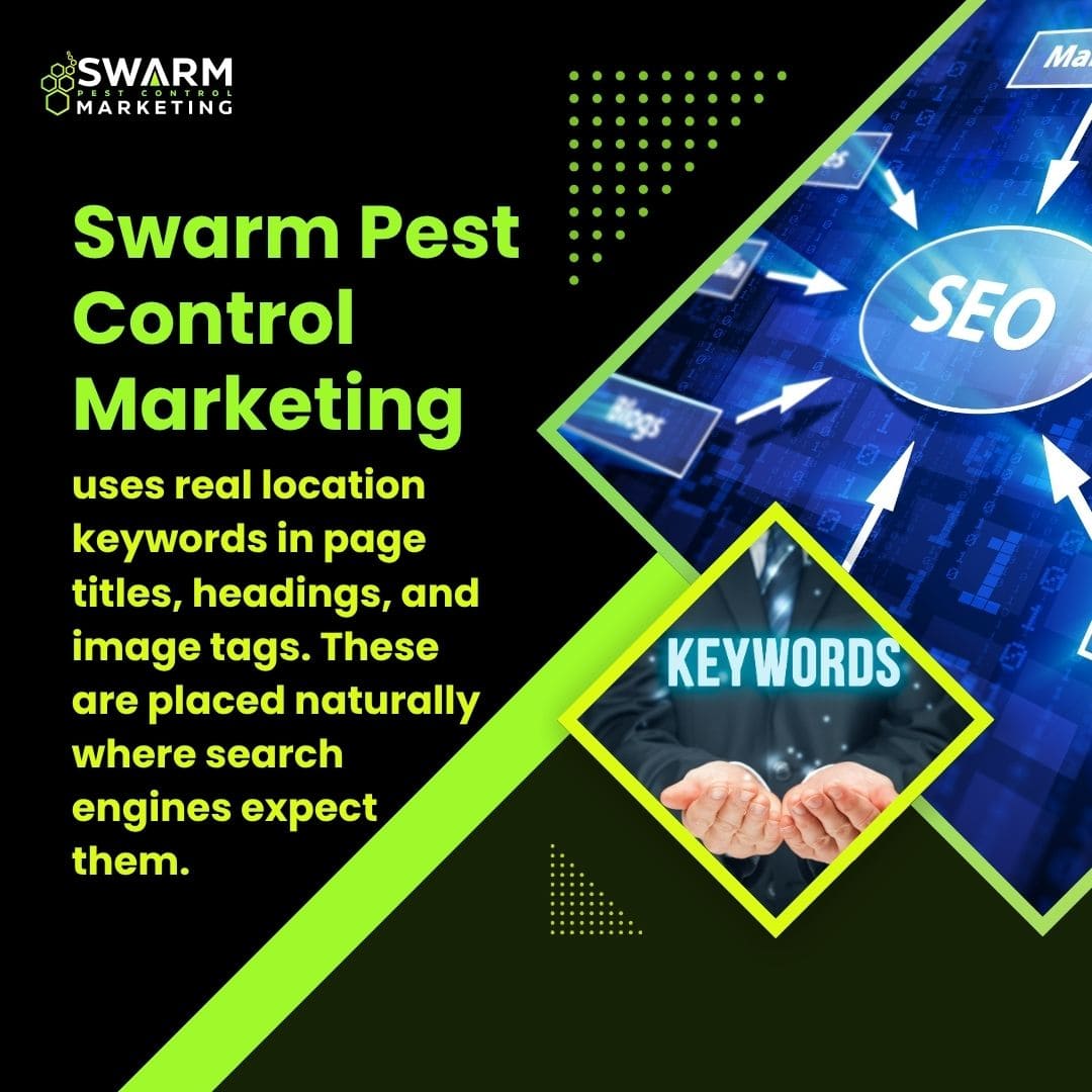 A digital graphic with hands holding a glowing "KEYWORDS" diamond shape, illustrating the use of real location keywords for SEO in pest control marketing.