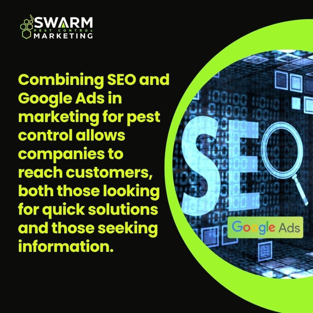 A digital graphic showing the words "SEO" and "Google Ads" inside a magnifying glass over a background of binary code, emphasizing the combination of both for effective pest control marketing.