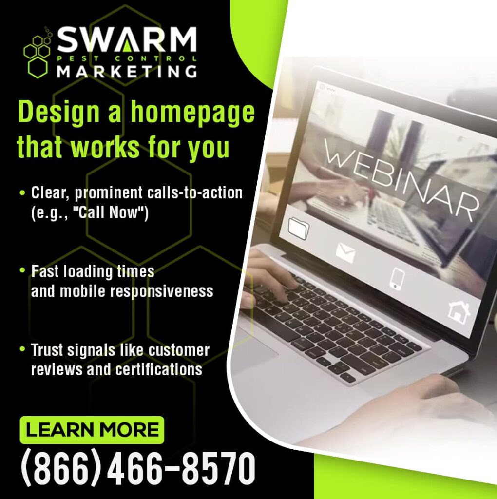 This marketing graphic outlines key features of an effective pest control website homepage, such as clear calls-to-action, fast loading times, and customer reviews.