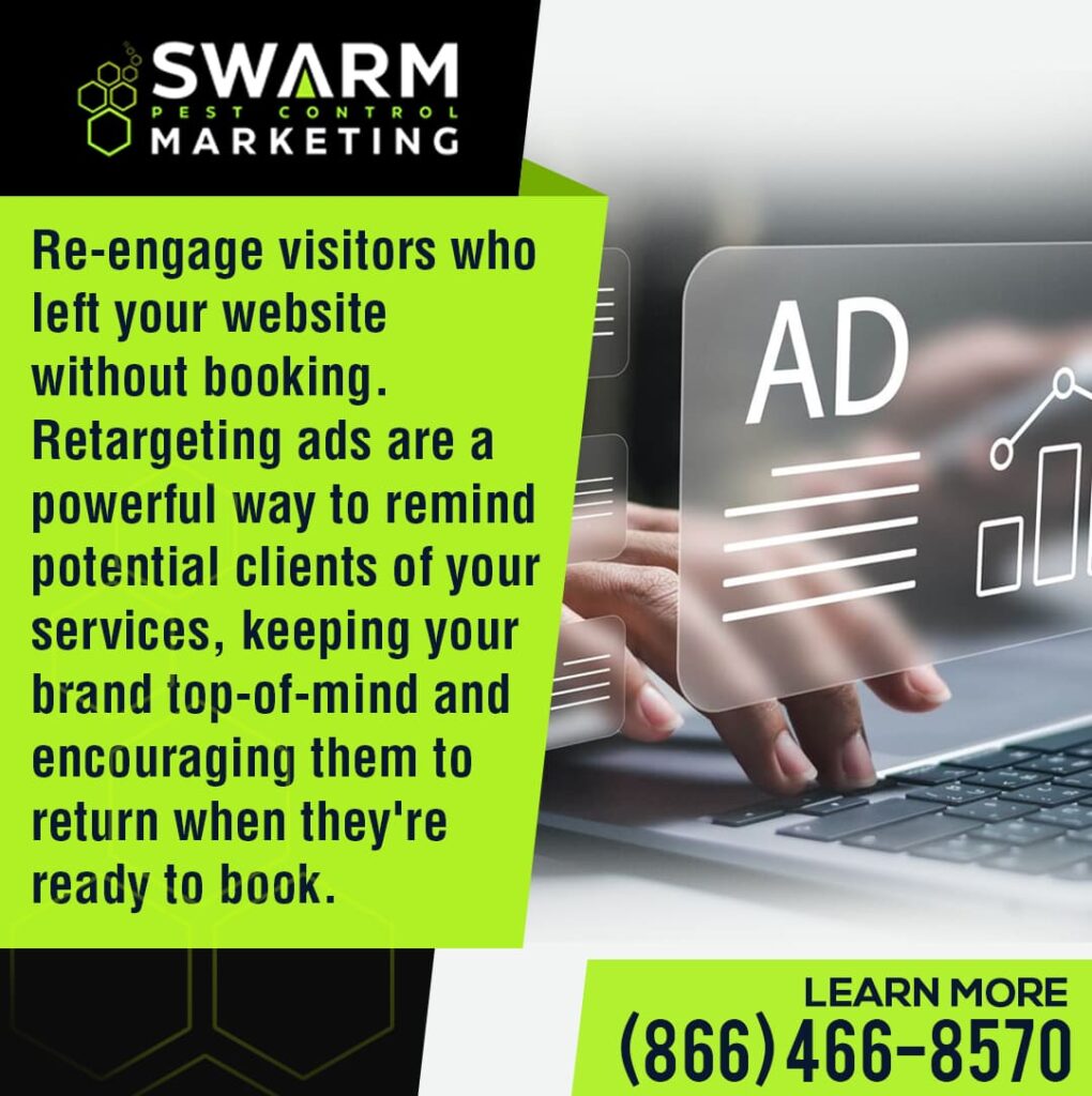 A marketing graphic explaining how retargeting ads help pest control businesses re-engage website visitors and increase bookings.